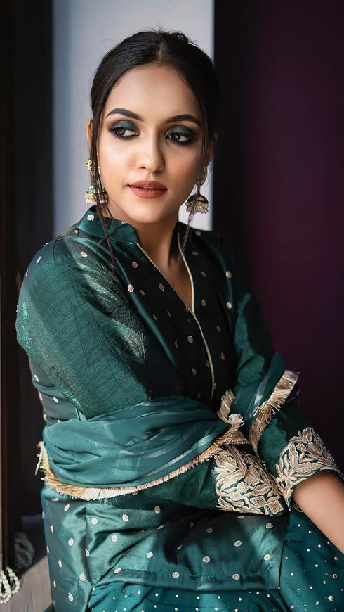 Kzari Dark Rama Green Kurta Sharara And Dupatta